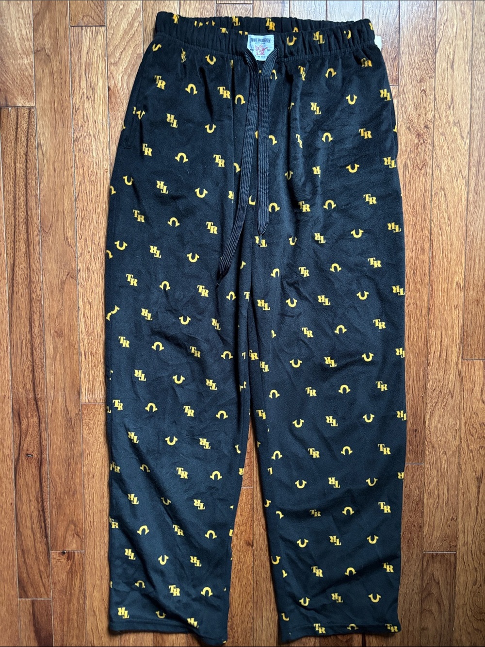 True Religion Black Fleece Lounge Pants with Yellow Logo Print